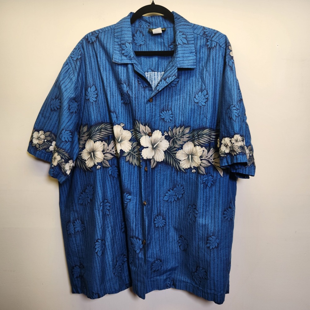 Vtg Blue Hawaii Aloha Shirt Men's 2XL Blue Hibiscus 100% Cotton Coconut Buttons